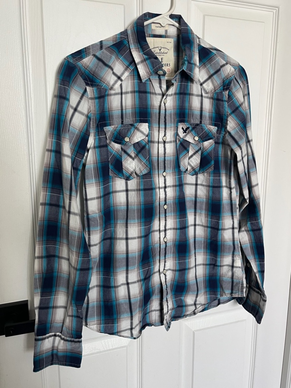 Men's XS Plaid Button-Down Shirt in Teal and Gray - American Eagle Vintage Fit